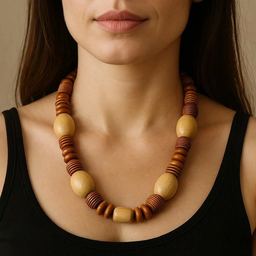 Wood bead necklace Various size shapes color screw closure 15” long